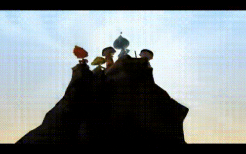 a group of cartoon characters standing on top of a rocky cliff