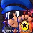a cartoon police officer wearing sunglasses and a blue hat is holding a police badge .