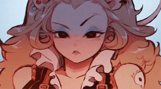 a close up of a drawing of a girl with long hair and red eyes