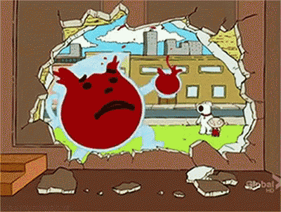 a cartoon shows a red ball with a sad face coming out of a hole in a wall ..