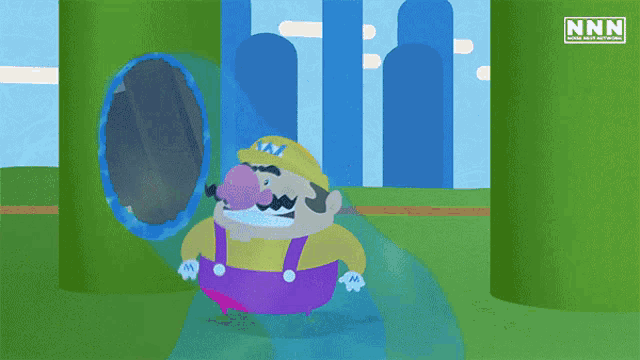 a cartoon character is swimming in a pool with nnn on the bottom right