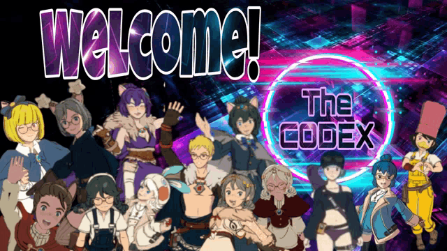 a group of anime characters are standing in front of a sign that says welcome