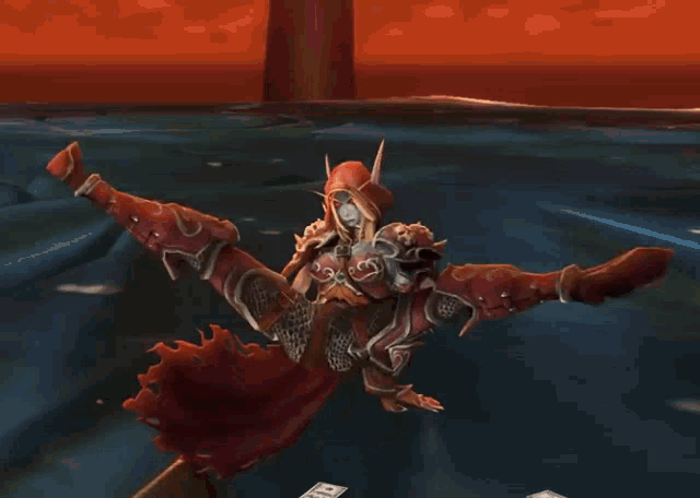a video game character with a red cape and a red sword
