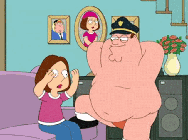 a cartoon of a woman sitting on a couch looking at a man in a police hat