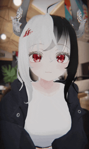 a girl with black and white hair and red eyes has horns on her head