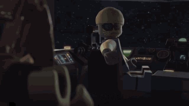 a lego character says " youre friends sent me on a blue milk run " while sitting in a cockpit