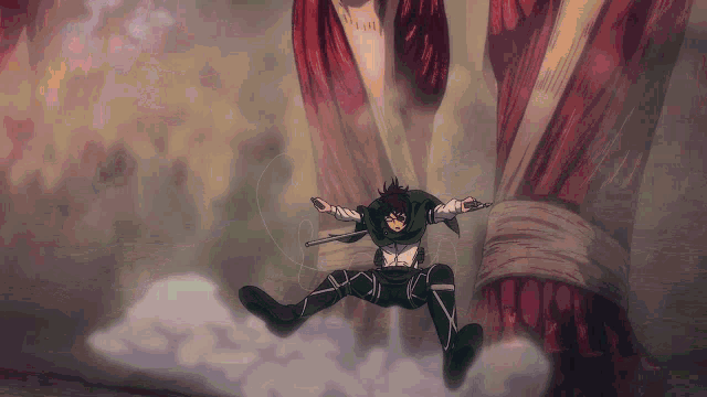 a cartoon character is jumping in the air with a sword in his hand