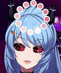 a girl with blue hair and red eyes is wearing a maid outfit .