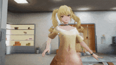 a girl in a yellow dress is standing in a room with a perfume bottle on the wall