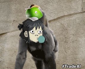 a picture of a gorilla with a green apple on its head and #tradeal written on the bottom