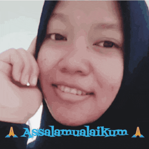a woman in a hijab is smiling with the words assalamualaikum behind her