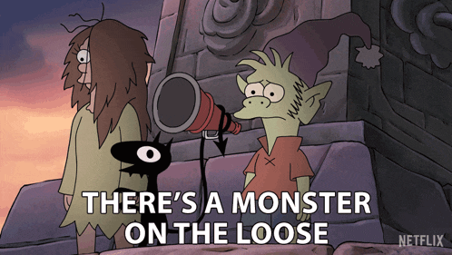 a cartoon says there 's a monster on the loose with a monster holding a megaphone