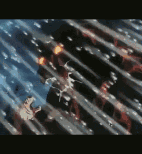a cartoon character is falling into the water while another character looks on .