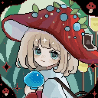 a pixel art of a girl wearing a mushroom hat and holding a blue ball