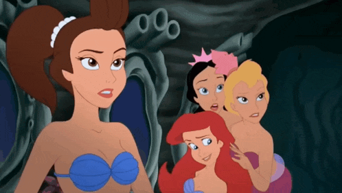 a group of mermaids are standing next to each other with one wearing a crown
