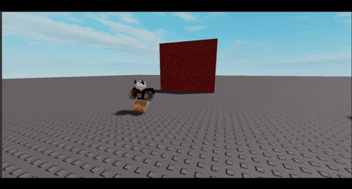 a cartoon character is standing in front of a large red brick wall