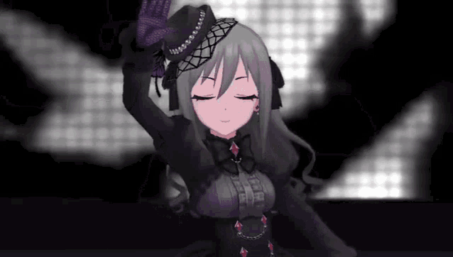 a girl with purple hair is wearing a black hat