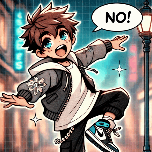 a cartoon of a boy with a speech bubble saying no