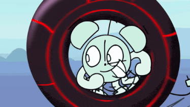 a cartoon character is looking out of a circle with a red stripe