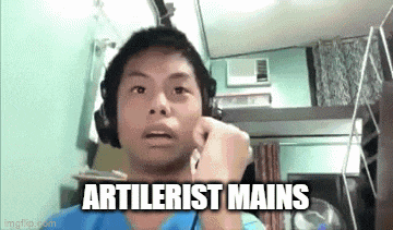 a man wearing headphones is making a funny face with the words artilerist mains written on the bottom