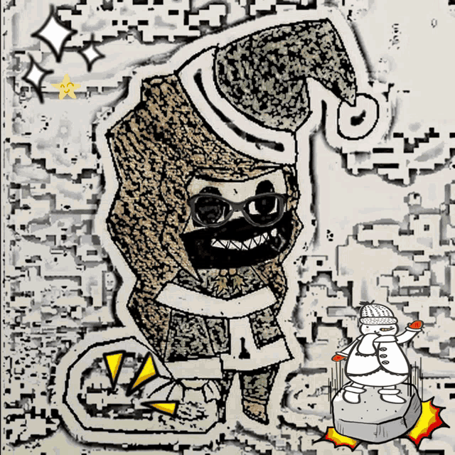 a drawing of a person dressed as santa claus with a snowman in the background