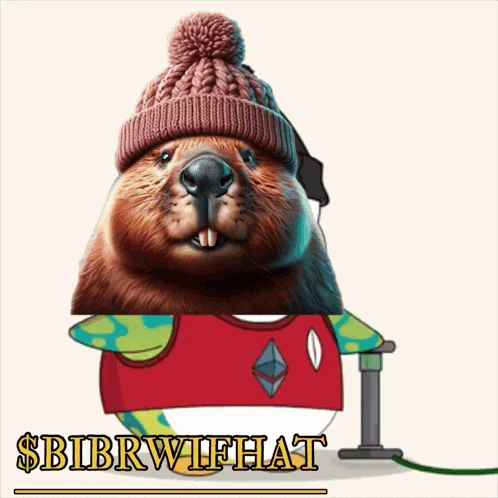 a cartoon of a beaver wearing a pink hat and a red vest with the words $ bibrwifhat below it
