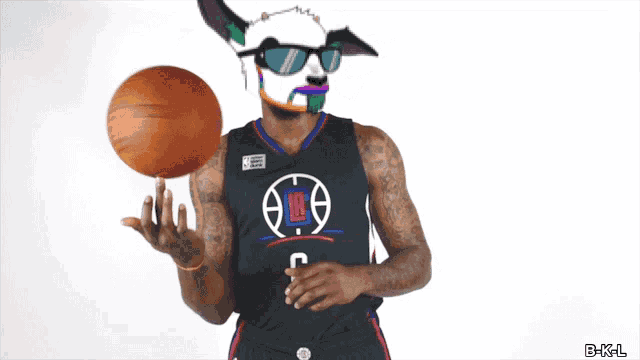 a basketball player wearing a mask and sunglasses holds a basketball