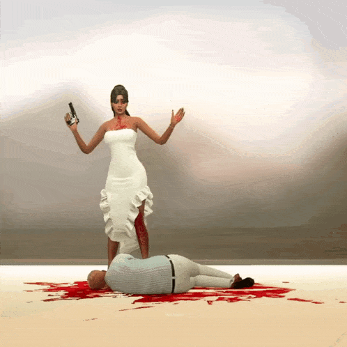 a woman in a white dress is holding a gun over a man on the ground