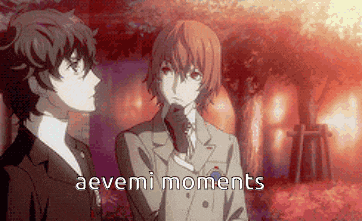 a couple of anime characters standing next to each other with the words `` aevemi moments '' written on the bottom .