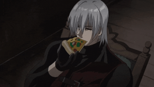 a cartoon character is holding a slice of pizza