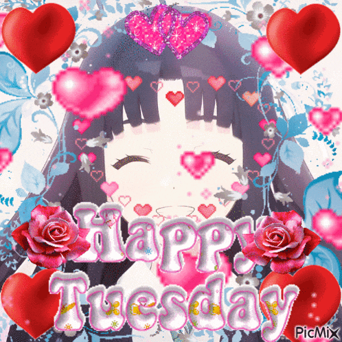 a picture of a girl with hearts and the words happy tuesday on it