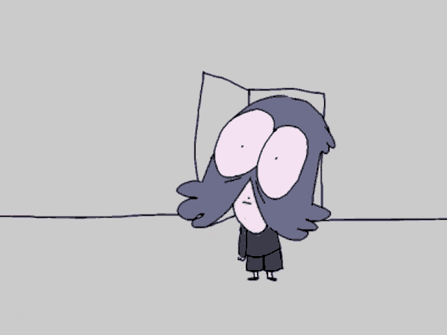 a cartoon of a hand reaching out towards a purple cartoon character