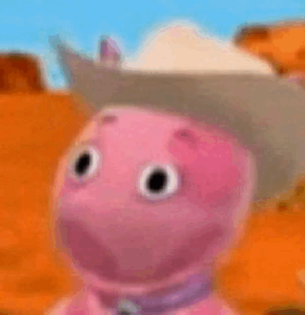 a pink cartoon character wearing a cowboy hat is standing in the desert .