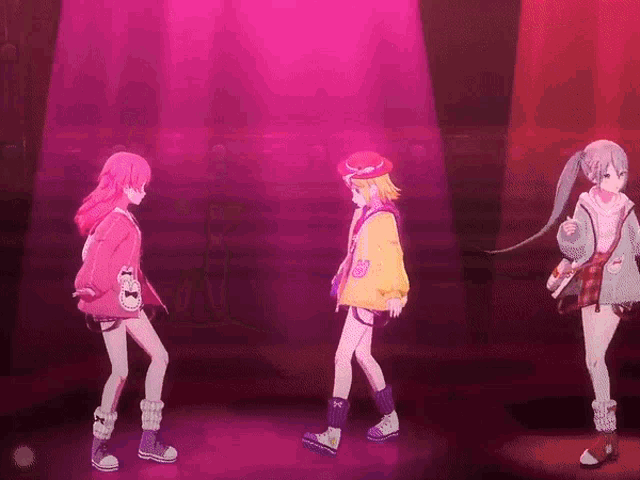 three anime girls are dancing in front of a purple light