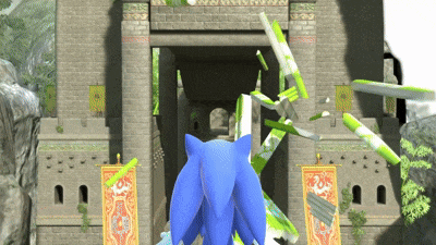 sonic the hedgehog stands in front of a brick building with a banner that says ' sonic ' on it