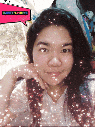 a woman with a happy tasking speech bubble behind her