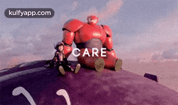 a robot is sitting on top of a purple object with the words `` care '' above it .