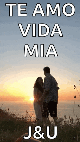a picture of a man and woman standing on a hill with the words te amo vida mia j & u
