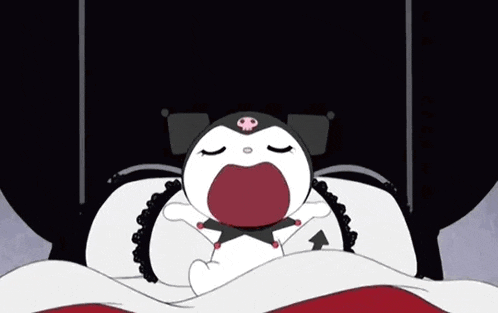 a cartoon character is laying in bed with a question mark above her head