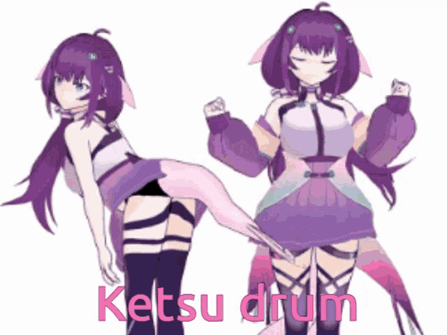 a drawing of a girl with purple hair and the word ketsu drum