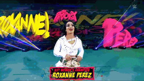a cartoon of roxanne perez holding a wrestling championship belt