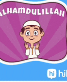 a cartoon boy wearing a white hat and a white shirt is standing in front of a sign that says alhamdulillah .