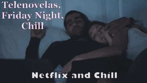 a man and a woman laying in bed with the words telenovelas friday night chill netflix and chill