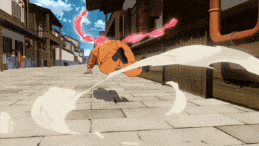 a cartoon character is running down a street with a pink ribbon coming out of his head