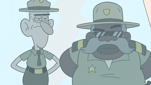 two cartoon characters wearing hats and sunglasses with a star on their chests
