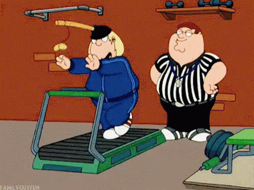peter griffin is running on a treadmill while a referee looks on .
