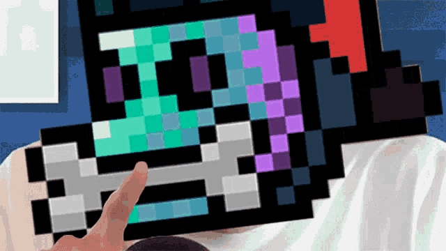 a person laying on a bed with a pixel art face on their face