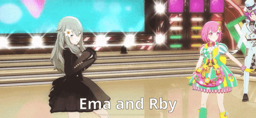 two anime girls are dancing on a stage and the words ema and rby are on the bottom