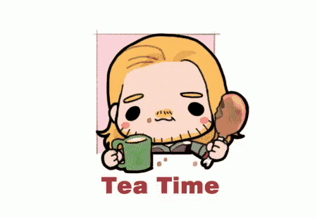 a cartoon of thor drinking a cup of tea and eating a chicken .