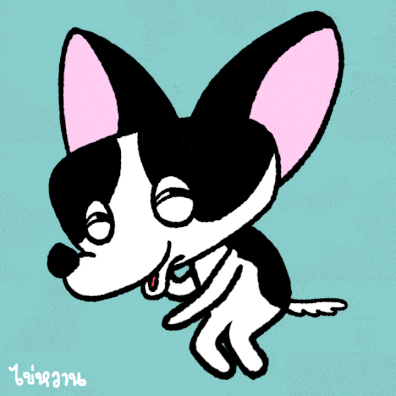 a drawing of a black and white dog with a pink ear on a blue background